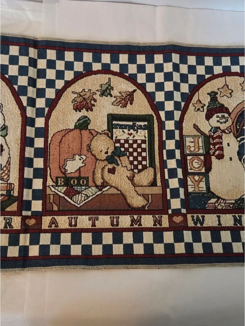Primitive Country Folk Art Tapestry Table Runner 4 Seasons Cottagecore Americana